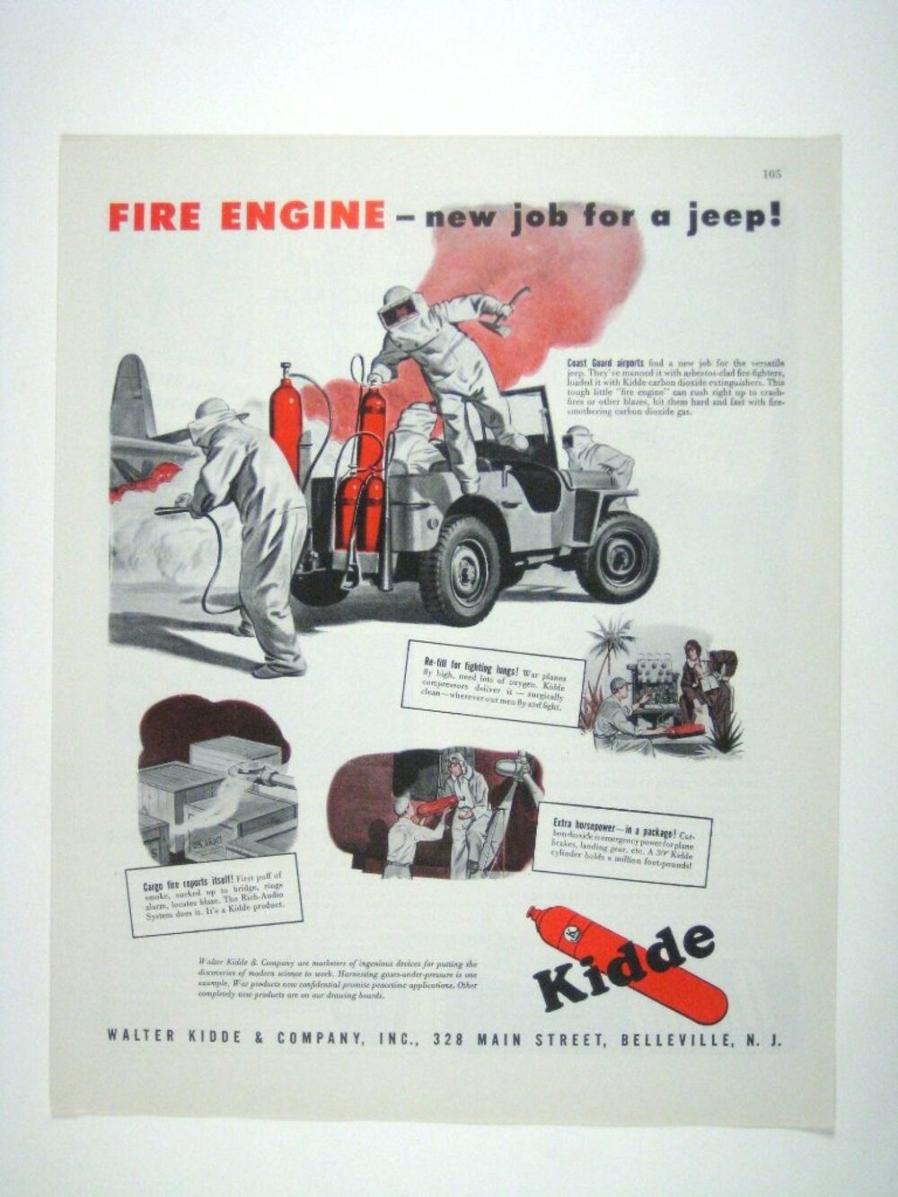 Kidde 1944 Vintage Fire Engine Jeep Print Ad WWII ERA Firefighting